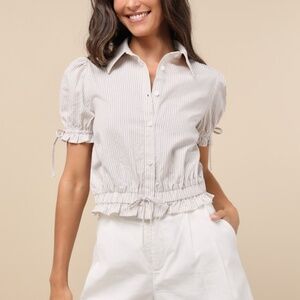 Lulus Poised Approach Ivory And Brown Striped Puff Sleeve Collared Top White